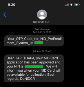 Receiving National Identity Number NIN sample