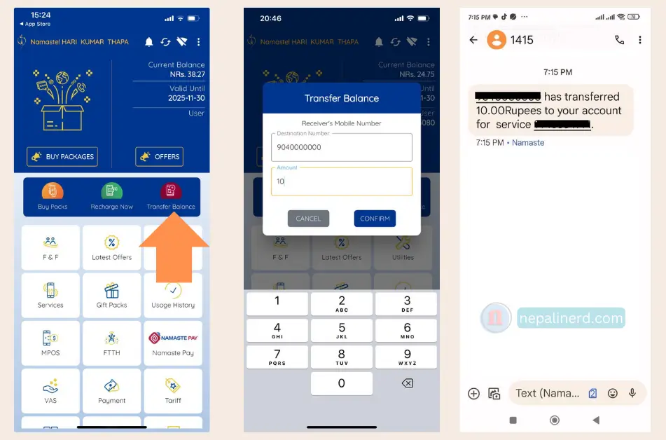 Transfer NTC balance using Nepal telecom app