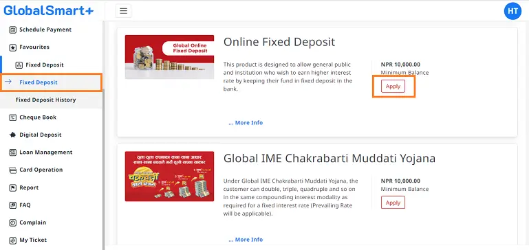Apply Fixed deposit online in nepal of globalime bank