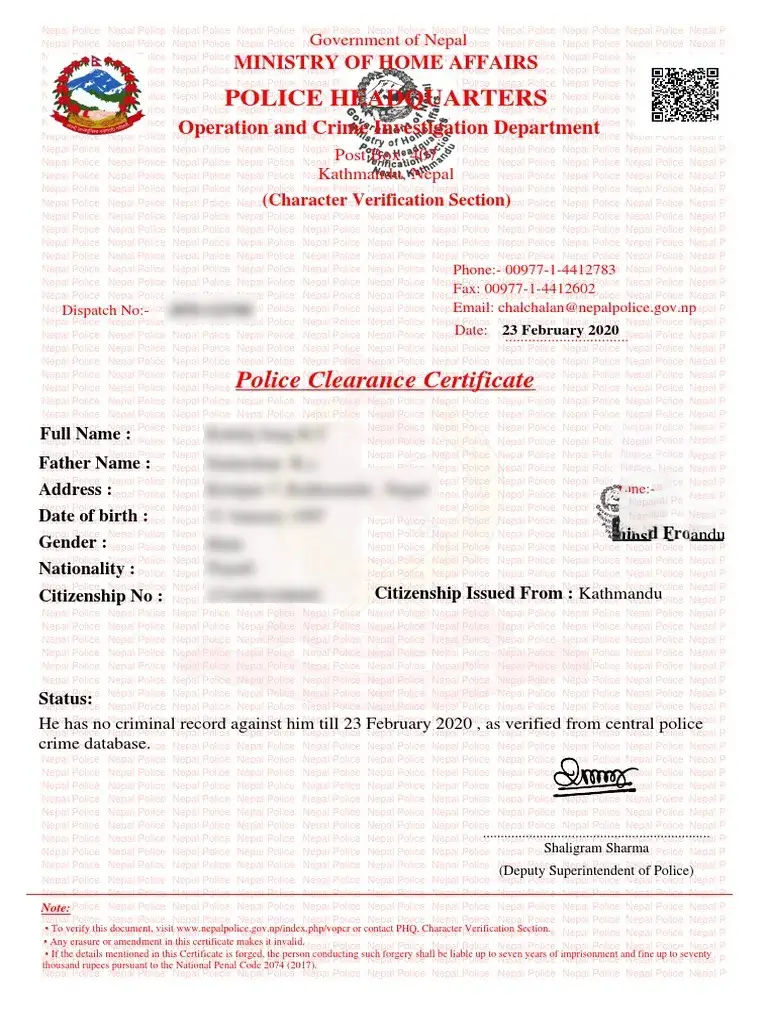 Sample of Police Clearance Certificate Police Report of Nepal