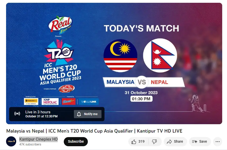 How to watch Nepal vs Malaysia LiveStreaming Online on YouTube
