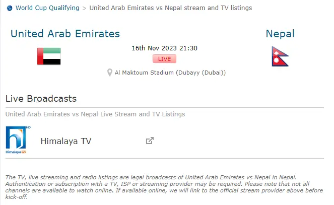 FIFA World Cup Qualifying: How to watch UAE vs Nepal Live Stream 2023? 3 Nepal vs UAE Live Detail